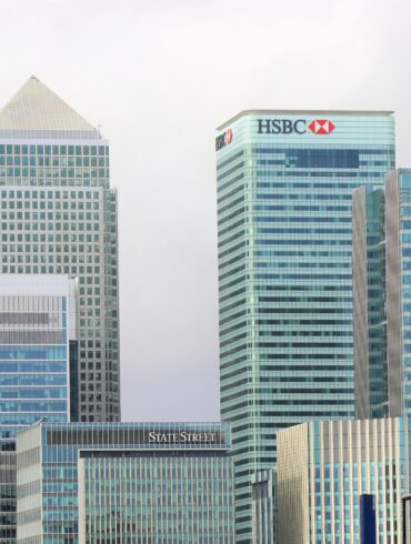 Photo of banks in Canary Wharf, London. Image includes the UK headquarters of HSBC, Barclays, Citi, and State Street, among others