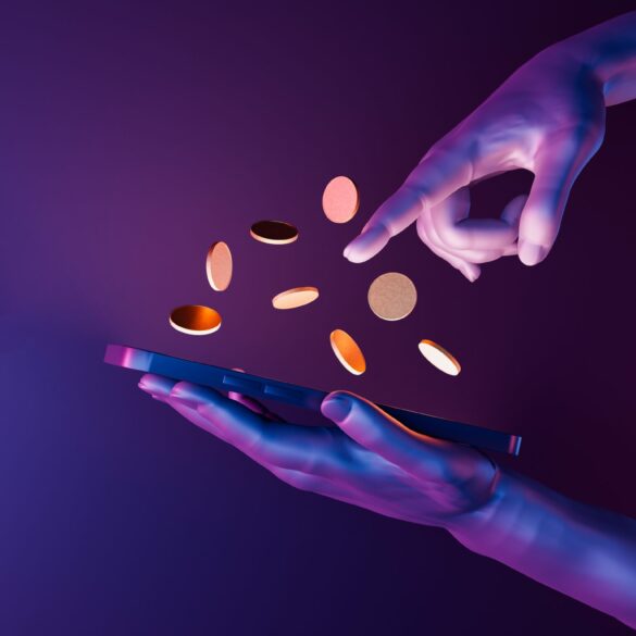 Hands holding a smartphone with coins popping out of the screen (animated)