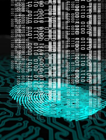 Photo of a fingerprint with matrix-like codes flying upwards out of it