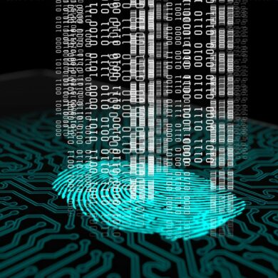 Photo of a fingerprint with matrix-like codes flying upwards out of it