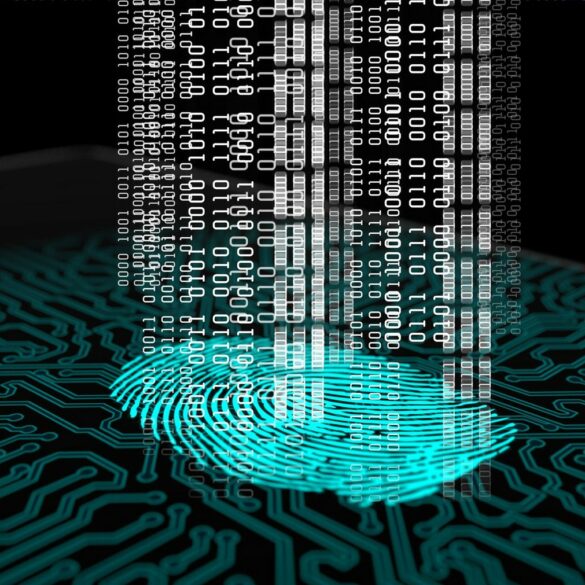 Photo of a fingerprint with matrix-like codes flying upwards out of it