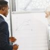 Photo of two men from diverse backgrounds in business attire making investment plans on a whiteboard with a marker