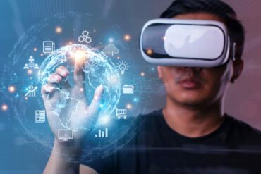 Photo of a man wearing a VR headset as he touches an overlay of metaverse buttons with his finger