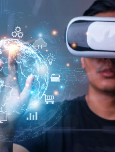 Photo of a man wearing a VR headset as he touches an overlay of metaverse buttons with his finger