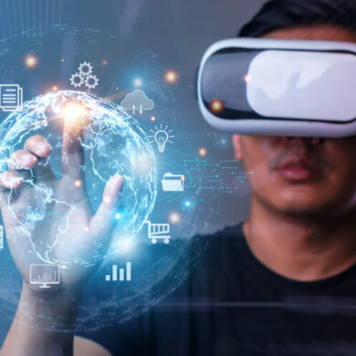 Photo of a man wearing a VR headset as he touches an overlay of metaverse buttons with his finger