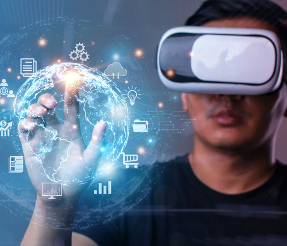 Photo of a man wearing a VR headset as he touches an overlay of metaverse buttons with his finger