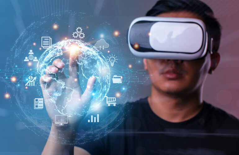 Photo of a man wearing a VR headset as he touches an overlay of metaverse buttons with his finger