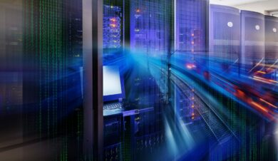 Photo of a server room with a blue coloured technological overlay swooshing across