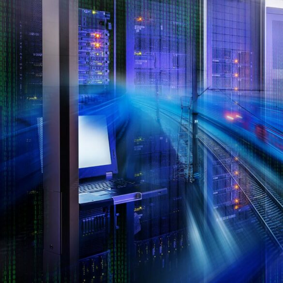 Photo of a server room with a blue coloured technological overlay swooshing across