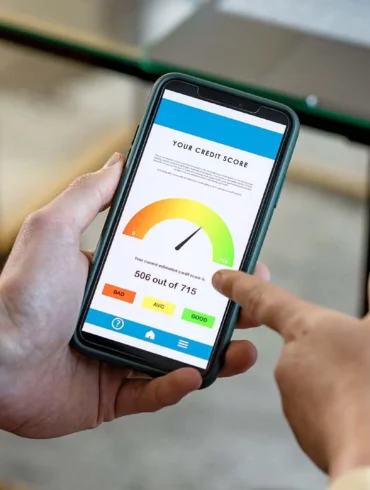 Photo of two people looking at credit scores on the phone