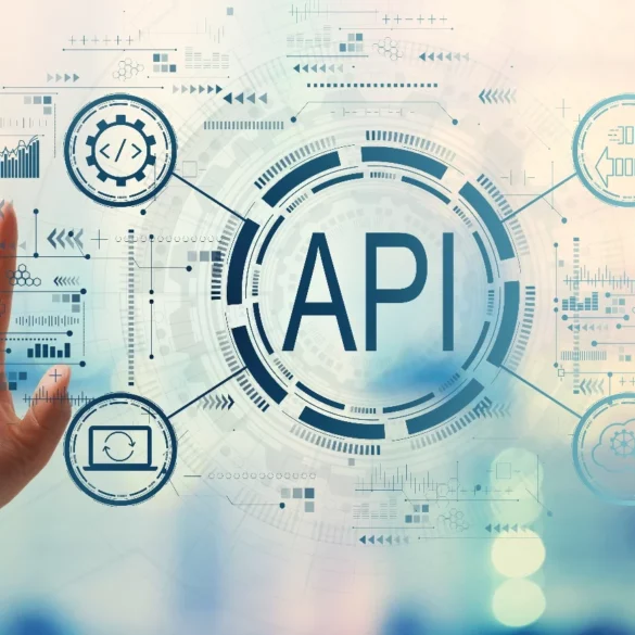 Finger pointing at digital graphic of internet writing API in the middle