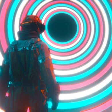 A man wearing a VR headset looking into a big hypnotising circular design