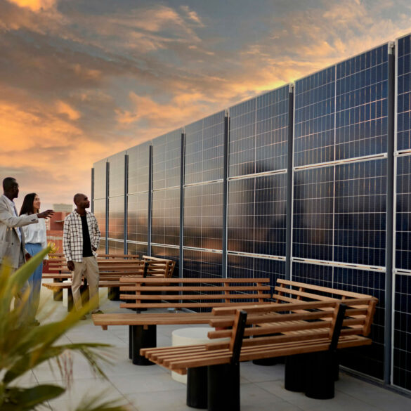 The terrace of a corporate building with solar panels on top designed in a modern fashion as three people walk around and point at them.
