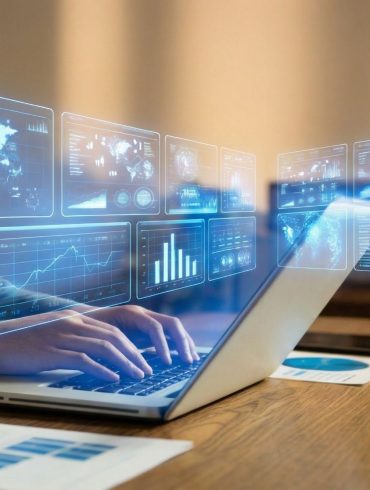 Man looking at his laptop on his desk with blue-coloured financial graphics overlayed on the screen, depicting a fintech executive at work.