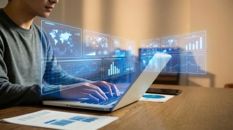 Man looking at his laptop on his desk with blue-coloured financial graphics overlayed on the screen, depicting a fintech executive at work.