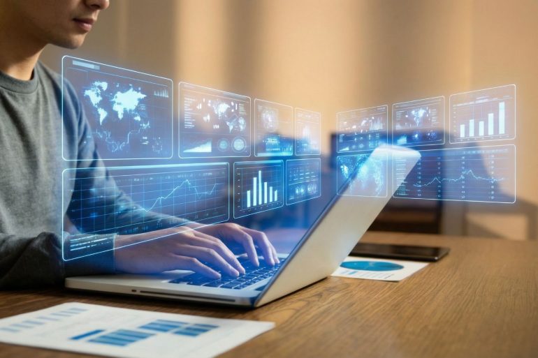 Man looking at his laptop on his desk with blue-coloured financial graphics overlayed on the screen, depicting a fintech executive at work.