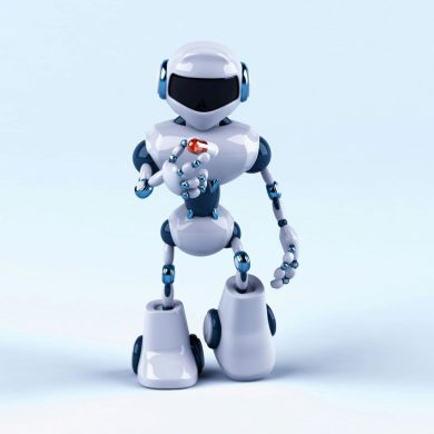 A robot thinking about taking the red pill in its hand