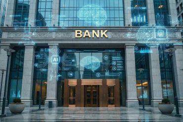 A visual representation of the merger between traditional "brick and mortar" banking and futuristic digital technology.