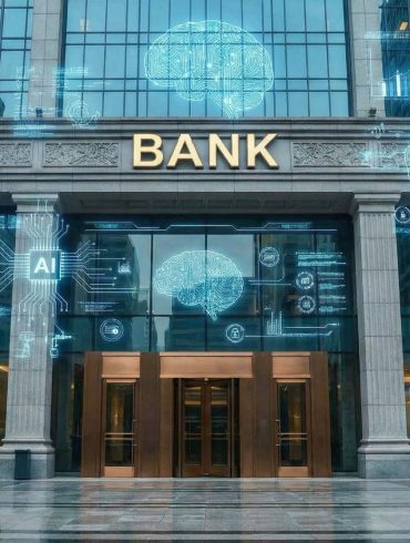 A visual representation of the merger between traditional "brick and mortar" banking and futuristic digital technology.