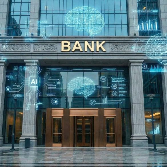 A visual representation of the merger between traditional "brick and mortar" banking and futuristic digital technology.