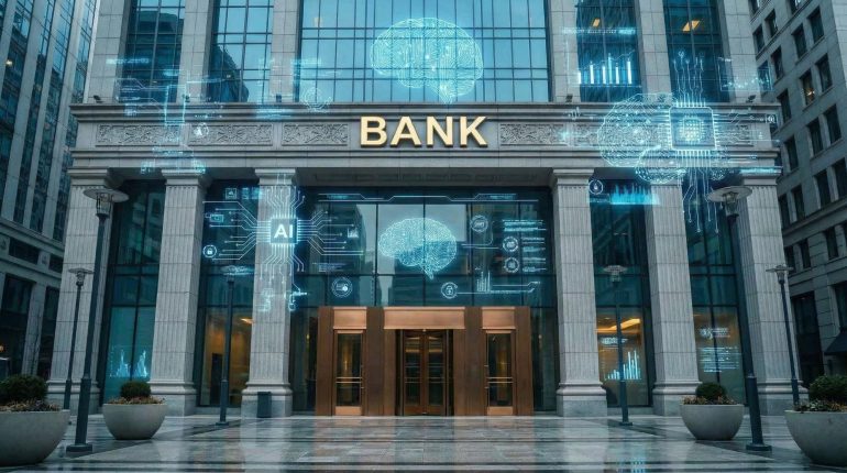 A visual representation of the merger between traditional "brick and mortar" banking and futuristic digital technology.