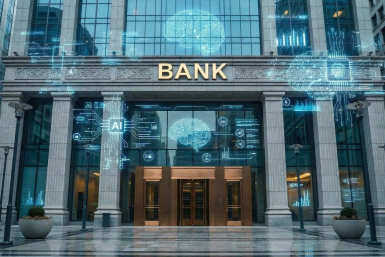 A visual representation of the merger between traditional "brick and mortar" banking and futuristic digital technology.