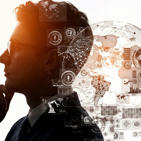 A side-profile silhouette of a man wearing glasses and a suit, with his hand resting on his chin in a contemplative "thinker" pose including a designed overlay with a complex digital collage featuring a wireframe globe, network connections, and various data interface elements.