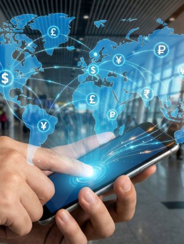 A close-up of a person's hands holding a modern smartphone in a busy, blurred airport terminal. A futuristic digital overlay projects a blue holographic world map with glowing currency symbols (Dollar, Euro, Pound, Yen, Rupee, etc.) connected by network lines, symbolising international connectivity. A visual representation of the borderless digital economy, illustrating how mobile technology enables instant cross-border payments and real-time financial data exchange. The image depicts money movement across borders.