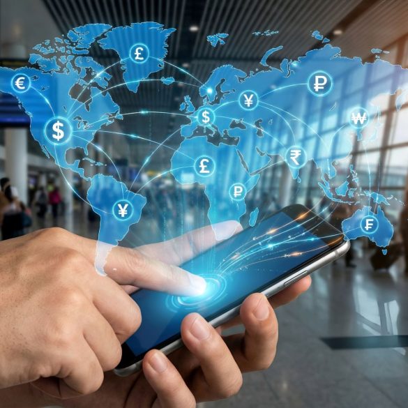 A close-up of a person's hands holding a modern smartphone in a busy, blurred airport terminal. A futuristic digital overlay projects a blue holographic world map with glowing currency symbols (Dollar, Euro, Pound, Yen, Rupee, etc.) connected by network lines, symbolising international connectivity. A visual representation of the borderless digital economy, illustrating how mobile technology enables instant cross-border payments and real-time financial data exchange. The image depicts money movement across borders.