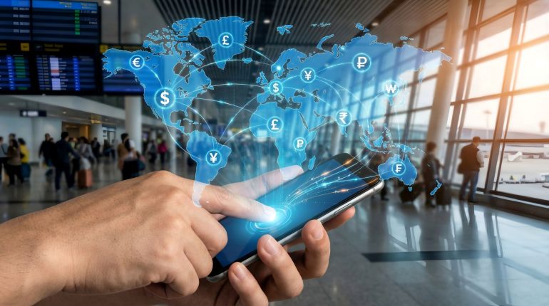 A close-up of a person's hands holding a modern smartphone in a busy, blurred airport terminal. A futuristic digital overlay projects a blue holographic world map with glowing currency symbols (Dollar, Euro, Pound, Yen, Rupee, etc.) connected by network lines, symbolising international connectivity. A visual representation of the borderless digital economy, illustrating how mobile technology enables instant cross-border payments and real-time financial data exchange. The image depicts money movement across borders.