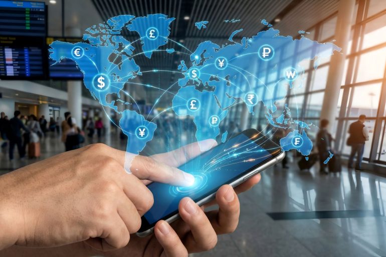 A close-up of a person's hands holding a modern smartphone in a busy, blurred airport terminal. A futuristic digital overlay projects a blue holographic world map with glowing currency symbols (Dollar, Euro, Pound, Yen, Rupee, etc.) connected by network lines, symbolising international connectivity. A visual representation of the borderless digital economy, illustrating how mobile technology enables instant cross-border payments and real-time financial data exchange. The image depicts money movement across borders.