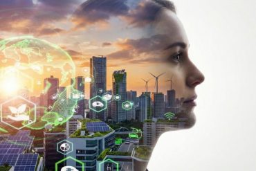 Image depicting sustainable energy in fintech with a woman's face blended with a futuristic city in the background and green energy graphics layered on top.