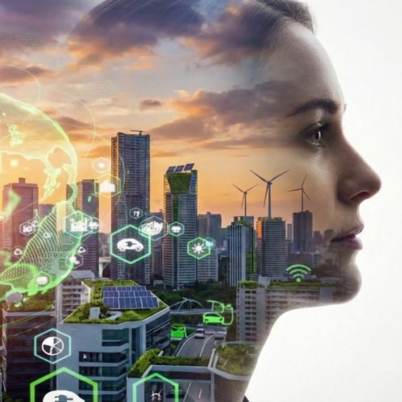 Image depicting sustainable energy in fintech with a woman's face blended with a futuristic city in the background and green energy graphics layered on top.