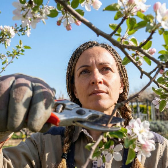 The image features a clear blue sky background that contrasts with the delicate white cherry blossoms. A woman is dressed for manual labour in a khaki work shirt and heavy-duty gardening gloves, pruning a tree in front of her.