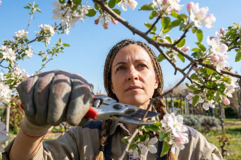 The image features a clear blue sky background that contrasts with the delicate white cherry blossoms. A woman is dressed for manual labour in a khaki work shirt and heavy-duty gardening gloves, pruning a tree in front of her.
